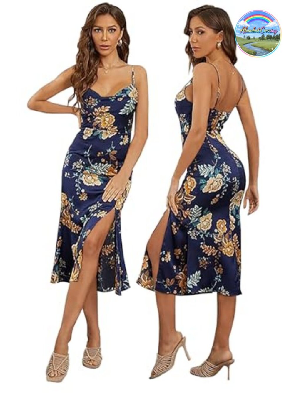 Sleeveless Spaghetti Strap Satin Midi Dress Cowl Neck Backless Party Formal